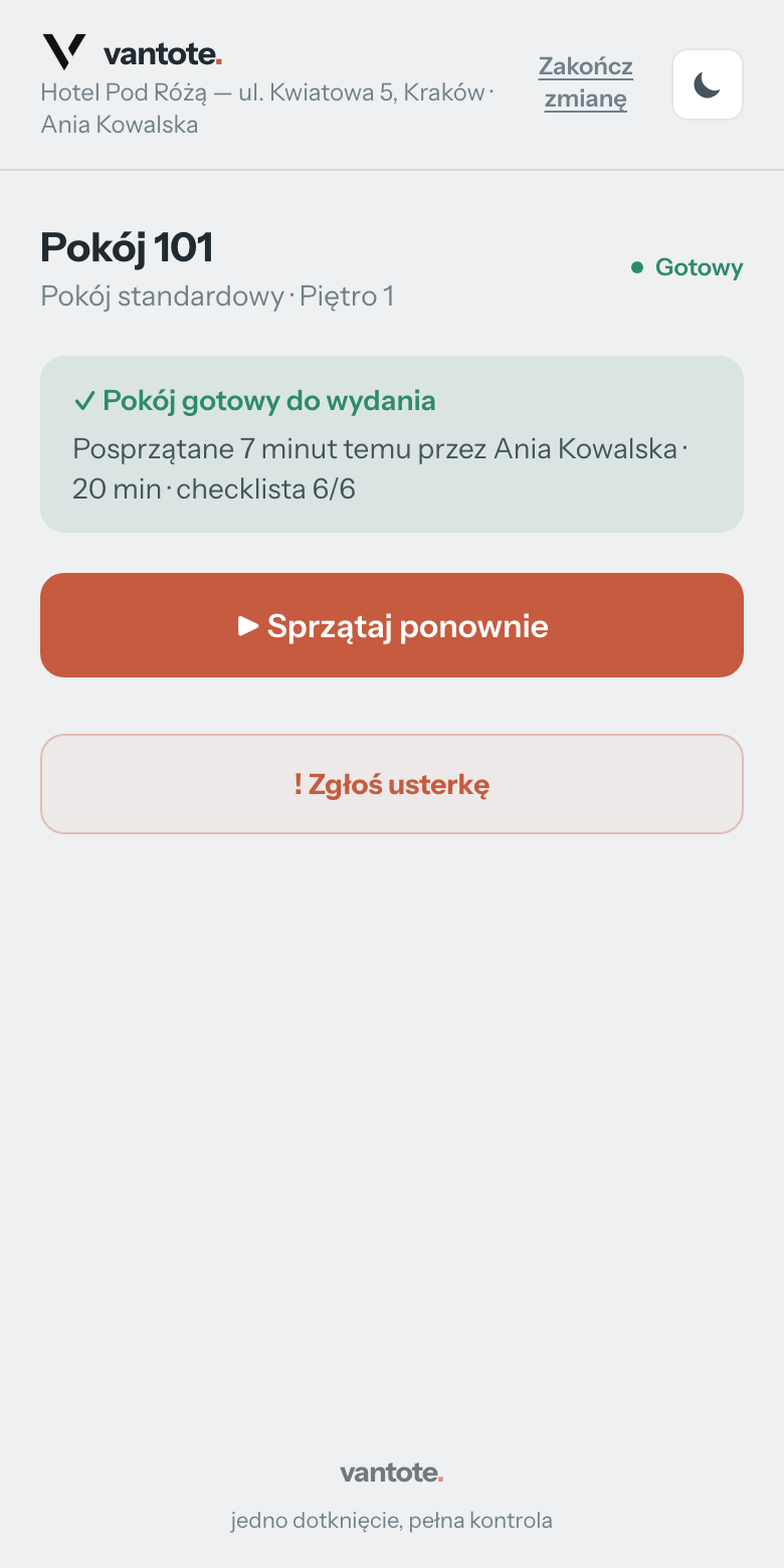 Ekran sprzątacza w Vantote na telefonie