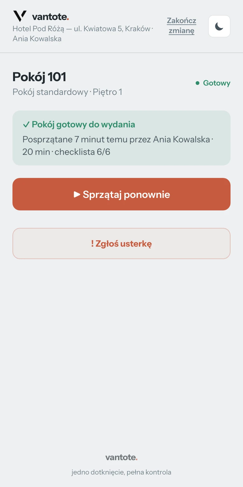 Ekran sprzątacza w Vantote na telefonie