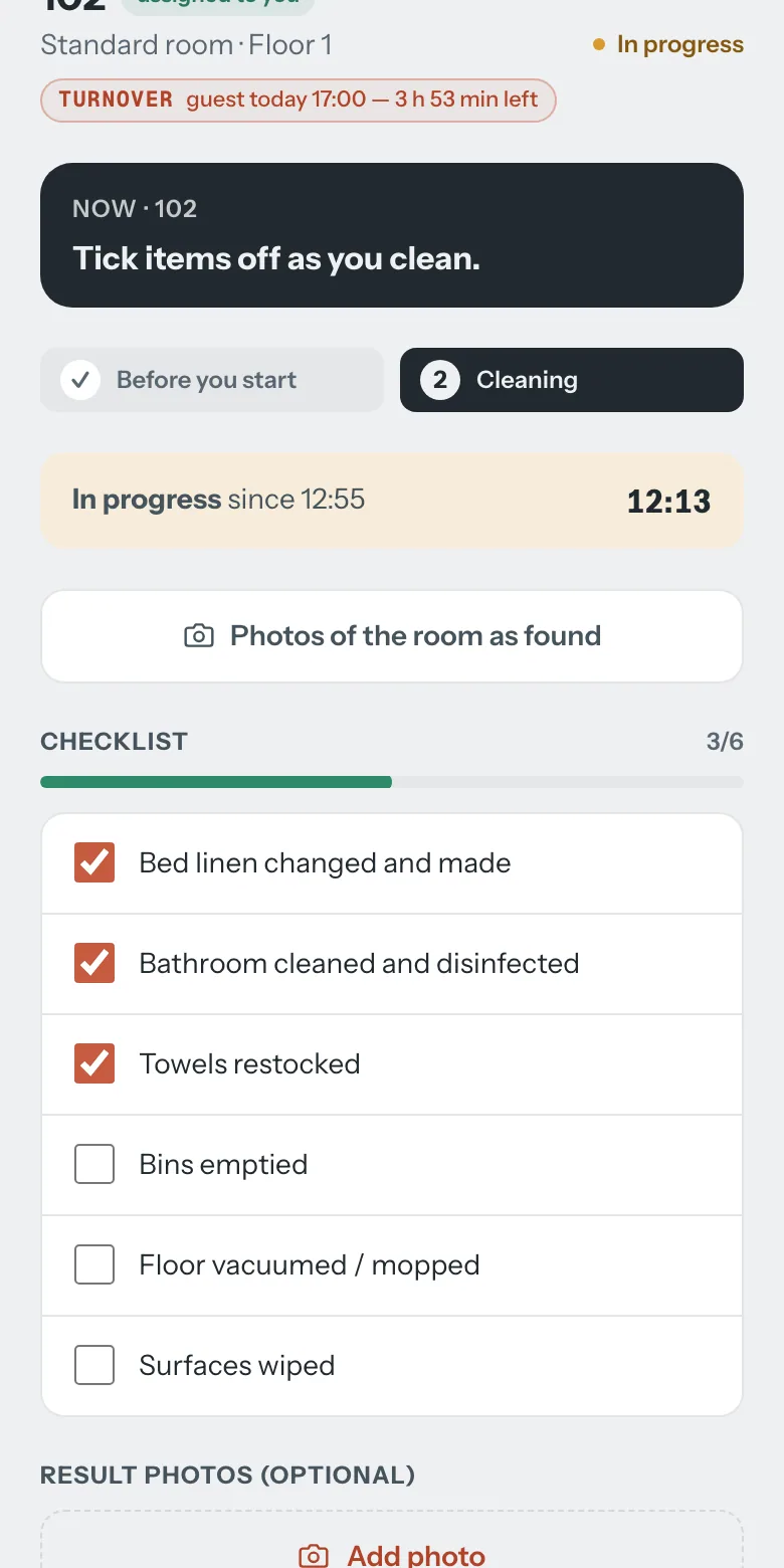 Housekeeper screen on a phone: room 102 in progress, timer 12:55, checklist 3 of 6 ticked