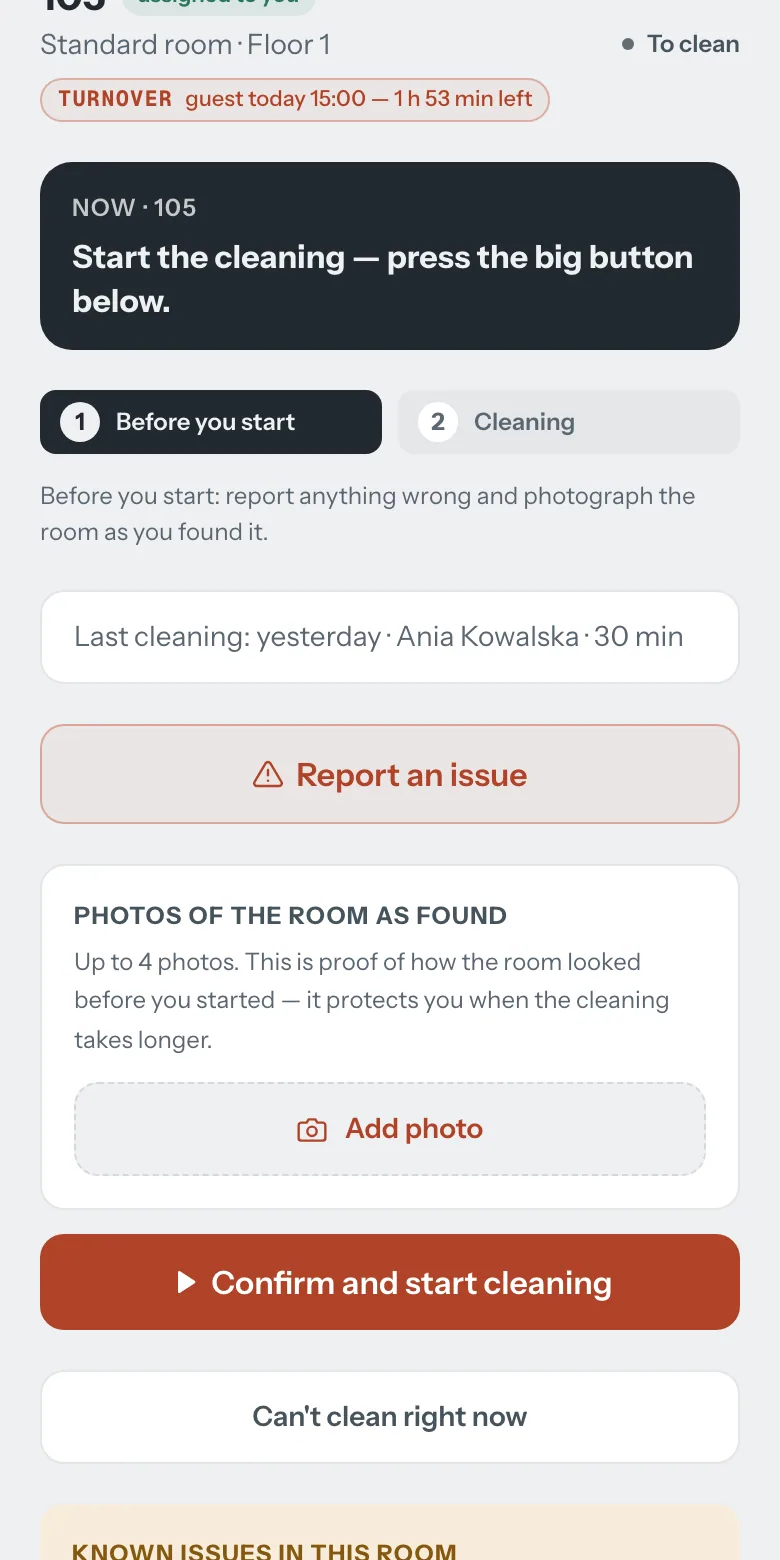 Housekeeper's phone: room 105 assigned, guest at 15:00, “Start cleaning” button and issue report