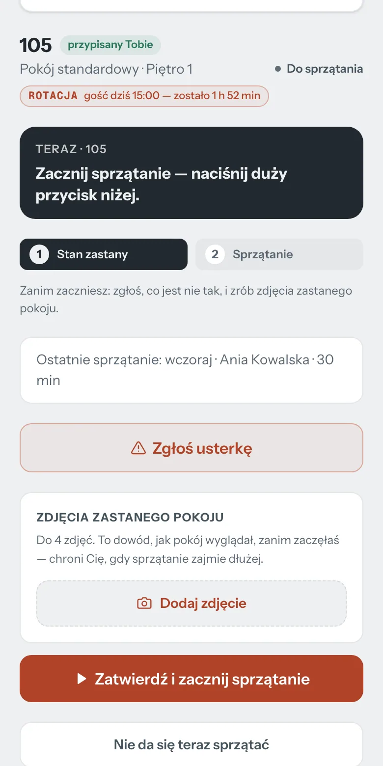 Telefon ekipy: pokój 105 przypisany, gość o 15:00, przycisk „Zacznij sprzątanie” i zgłoszenie usterki